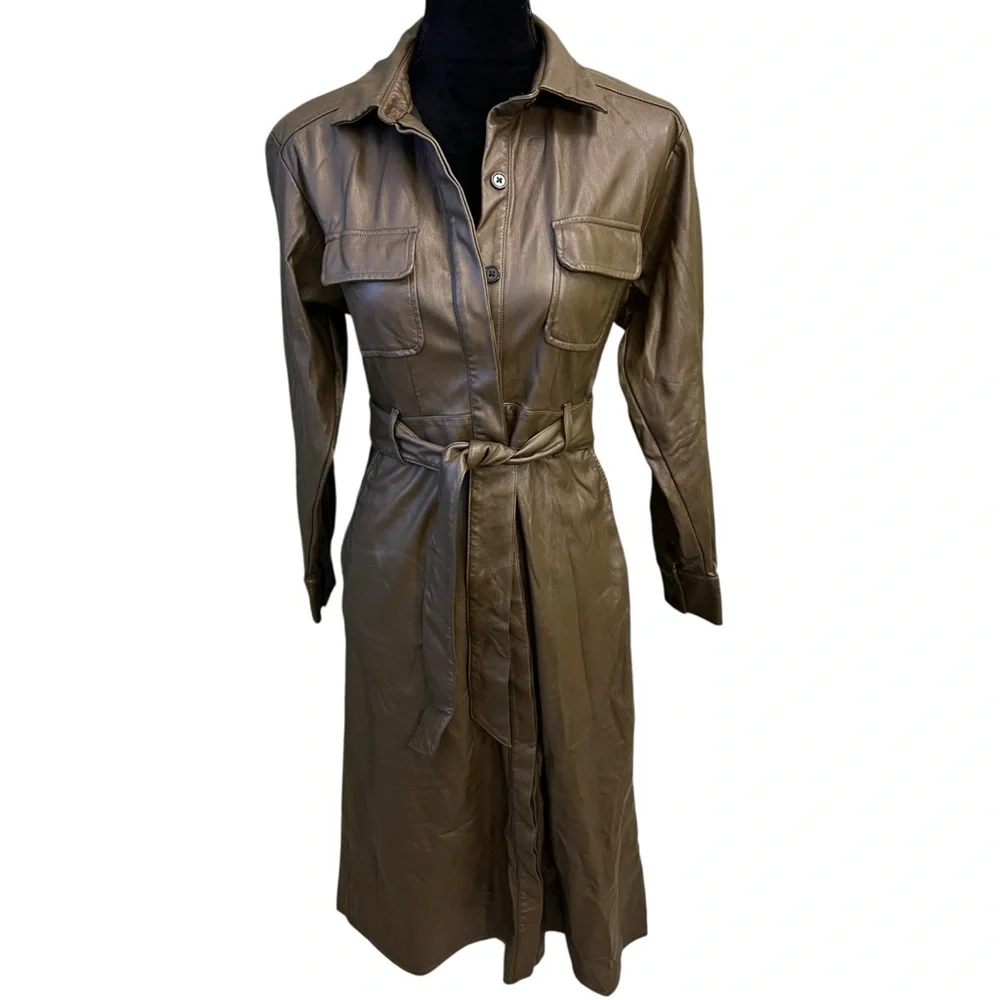 Marissa Webb RTR Green Faux Leather Dress Long Sleeve Trench Belted Womens 4 - Picture 2 of 10